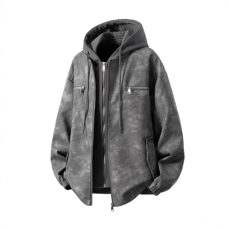 Zipper Fake Two-Piece Sweatshirt Hood Pu Leather Jacket Men's Spring and Autum Plus Size Loose Design Handsome Jacket Zipper Fake Two-Piece Sweatshirt Hood Pu Leather Jacket Men's Spring and Autum Plus Size Loose Design Handsome Jacket
