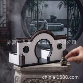 国风徽派建筑造景盆 白墙月洞门桌面微景观底座 新中式禅意盆630
