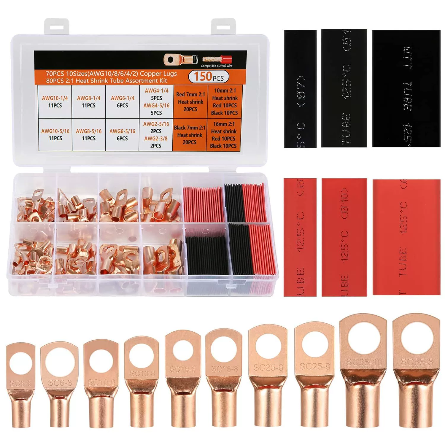 IEGrow 150Pcs Terminal Connectors,AWG 2 4 6 8 10 12 Copper W