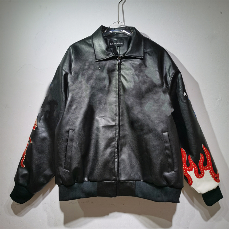 跨境美潮原创设计加工美式宽松版型皮衣机车服重工刺绣男女同款潮|undefined