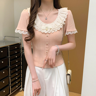 Real Shot of Summer New Women's T-Shirt Design, Lace, Sweet Short Sleeves, Age-Reducing, Versatile, Slim Round Neck