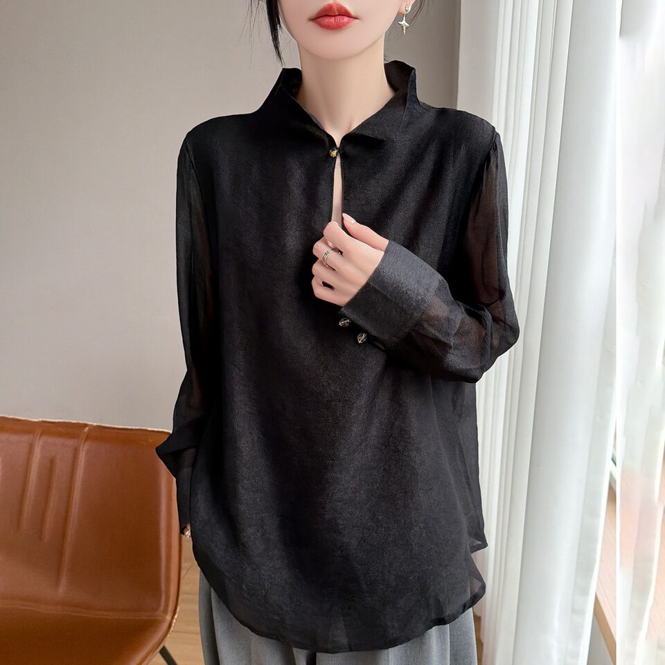 Áo sơ mi nữ cổ đứng tay dài vải Tencel mỏng nhẹ kiểu chui đầu — Màu hồng, Màu trắng, màu đen