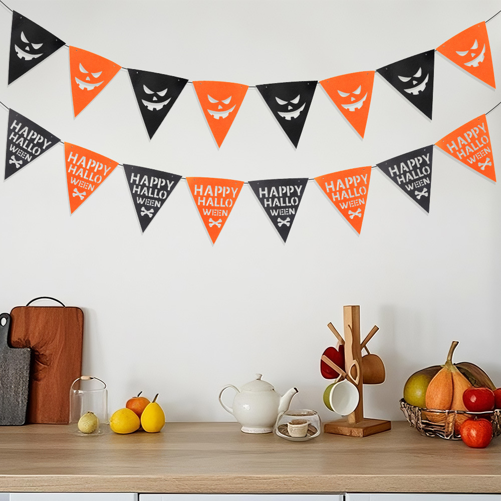 Nueva bandera de halloween tela no tejida bandera de color naranja negro KTV bar decoración de fiesta esqueleto araña colgante tirar de flores