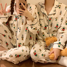 韩国chic女士夏季情侣款新品可爱卡通宽松棉纱长袖睡衣家居服套装
