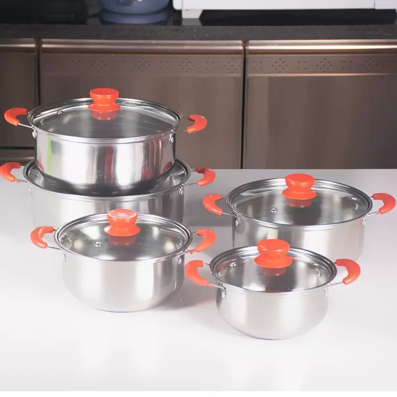 跨境货源锅具套装不锈钢金柄彩色汤锅10件套pots家用汤锅组合套装