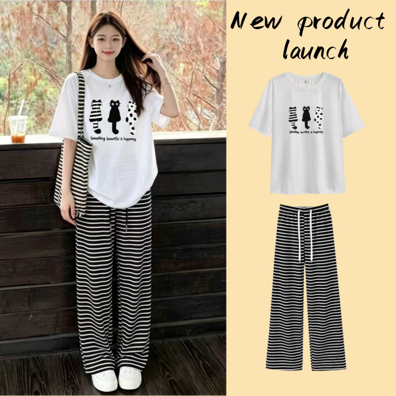 Maternity Outfit Summer Trendy Mom Style Thin Relaxed Casual Sports Short-Sleeve T-Shirt and Striped Pants Two-Piece Set Maternity Outfit Summer Trendy Mom Style Thin Relaxed Casual Sports Short-Sleeve T-Shirt and Striped Pants Two-Piece Set
