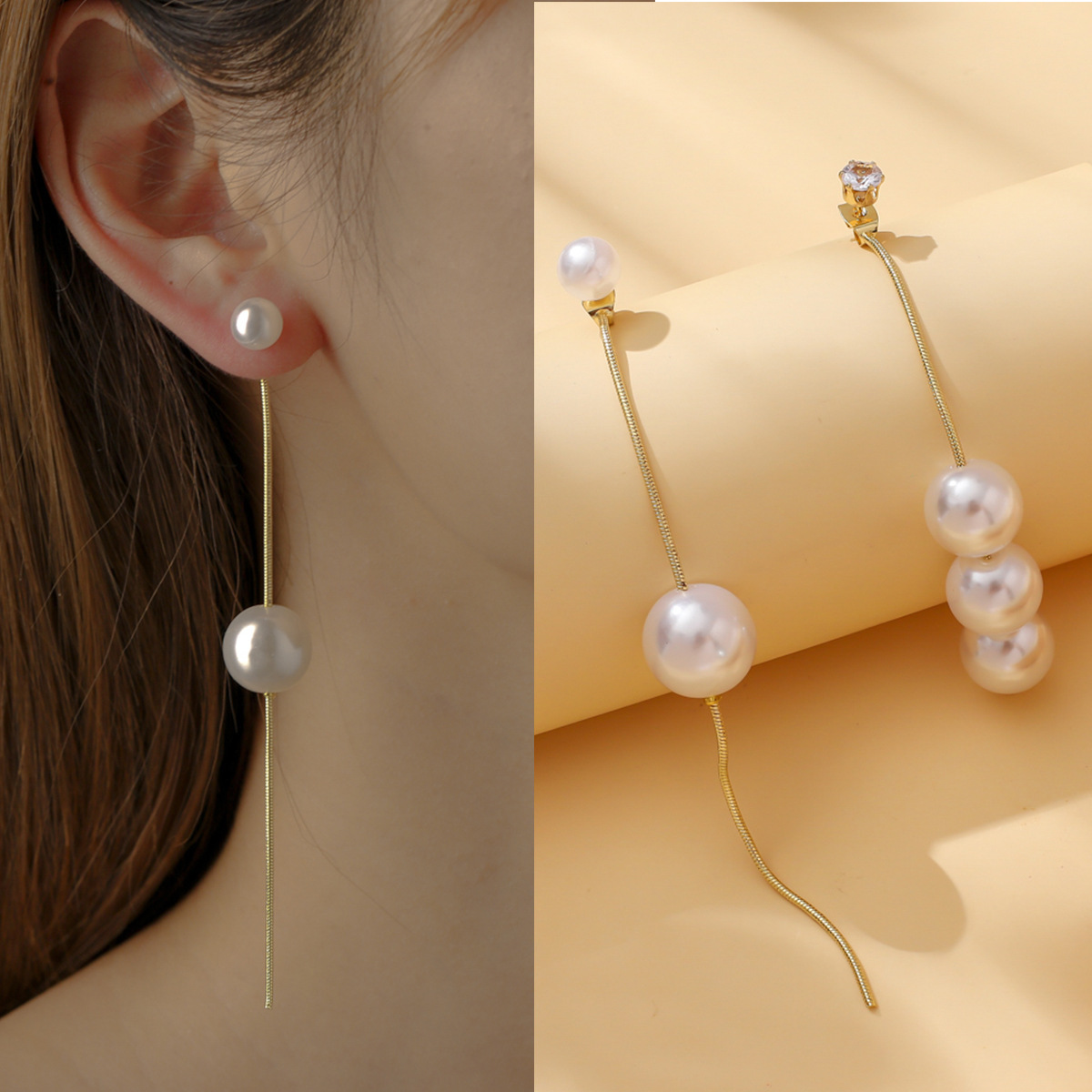 simple pearl tassel asymmetric chain rhinestone alloy earringspicture2