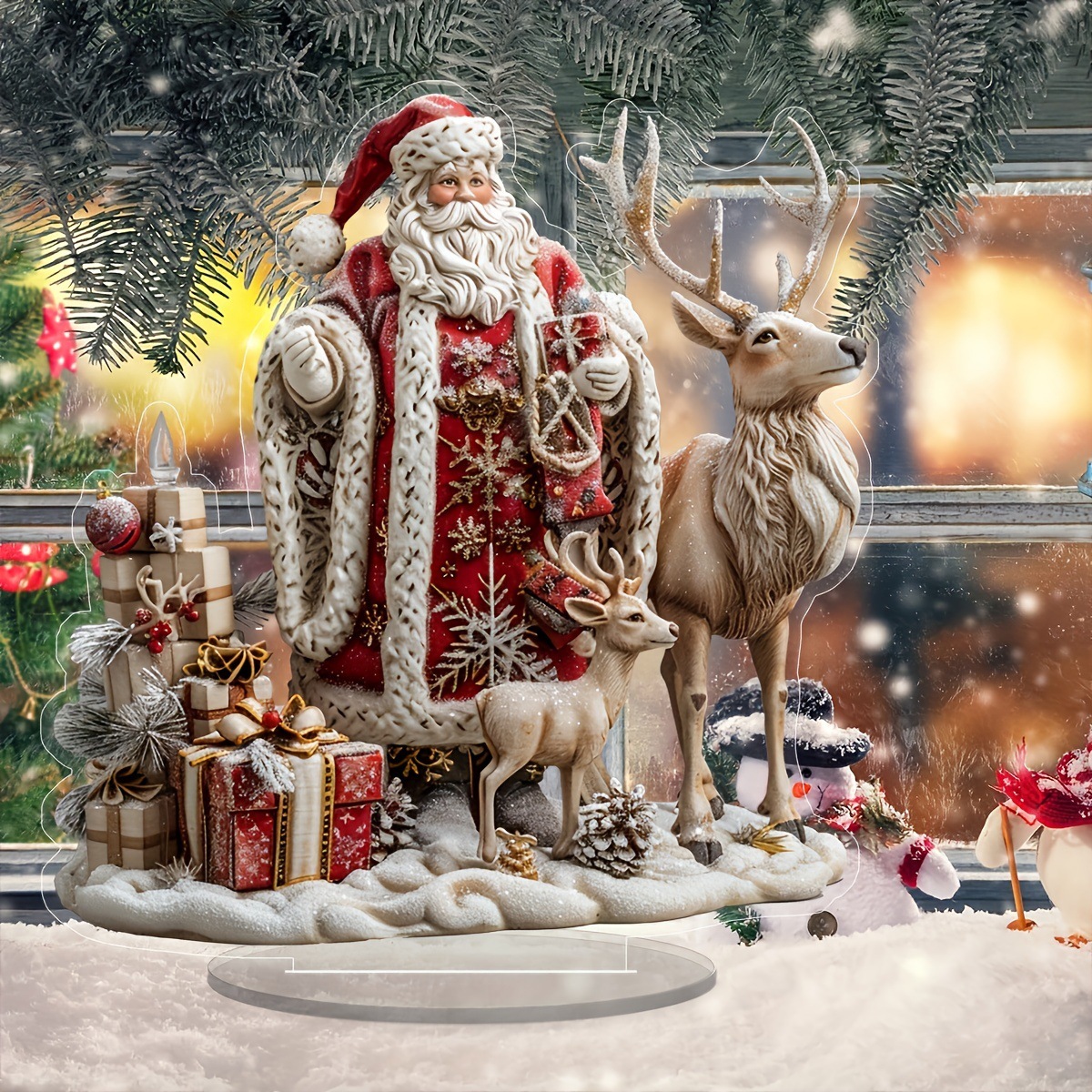 Papá Noel estilo bohemio con reno acrílico mostrando decoraciones navideñas