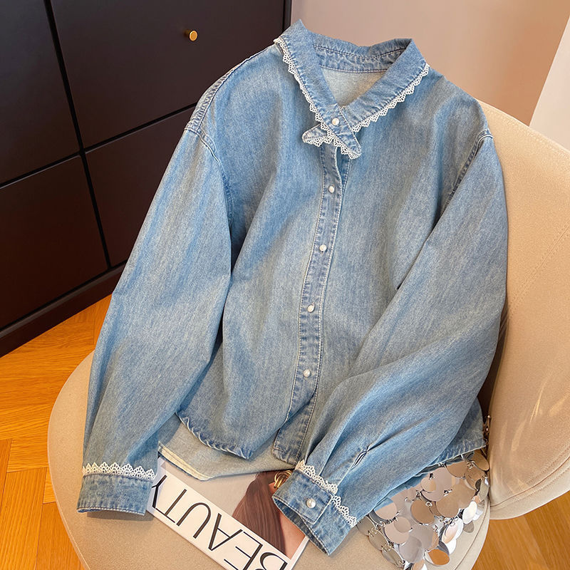 Korean Style Lace Splicing Cross-Collar Long-Sleeved Denim Shirt for Women 2026 Spring and Autumn New Slimming Top Shirt Jacket