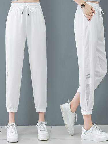 Black and white ice silk casual sports harem pants for women 2025 new summer thin style, strapless feet, high waist, showing slimming women