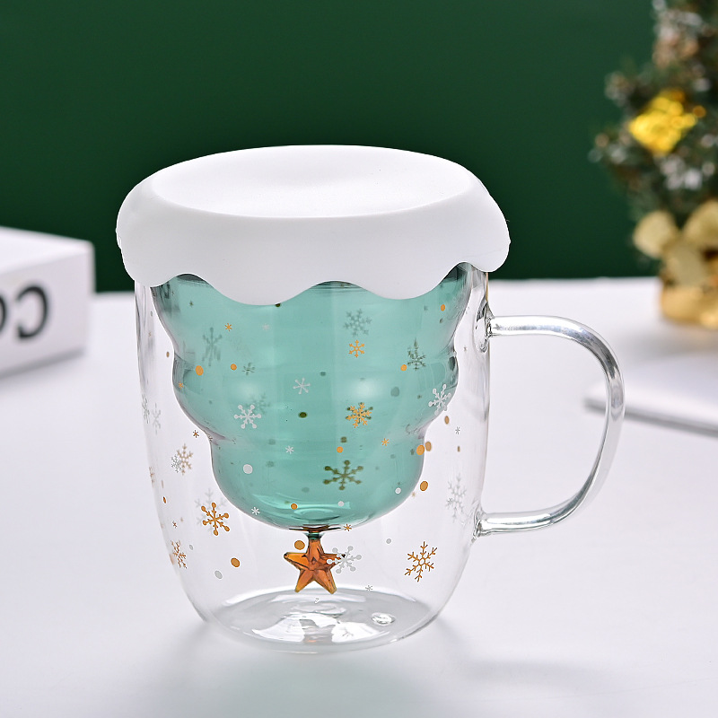 Nueva fábrica de vidrio de Navidad al por mayor de vidrio aislante de doble capa con tapa de vidrio de café rojo neto de alta apariencia