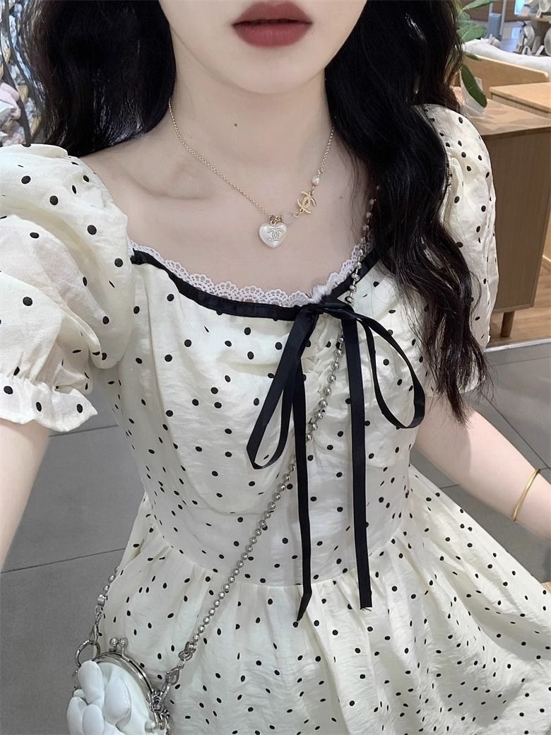 Váy maxi nữ chấm bi phong cách Pháp cổ điển, tay bồng, thắt eo, dài qua gối — Ưu tiên giao hàng tại cửa hàng chi tiết 3