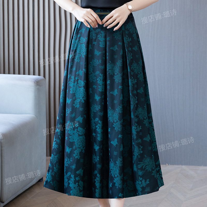 Xiangyunsha シルクジャカードミドル丈スカート、高級ドレープスカート、マザーズウェア、ハイウエスト刺繍プリーツスカート|undefined