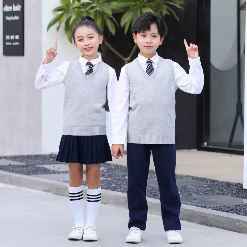 现货 灰色针织马甲V领毛背心 童装诗歌朗诵表演服校服毛衣合唱服