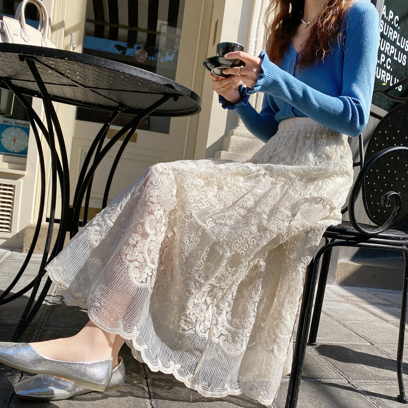 Real shot 2023 heavy embroidery spring high waist lace skirt mid-length design sense slim all-match A- line skirt