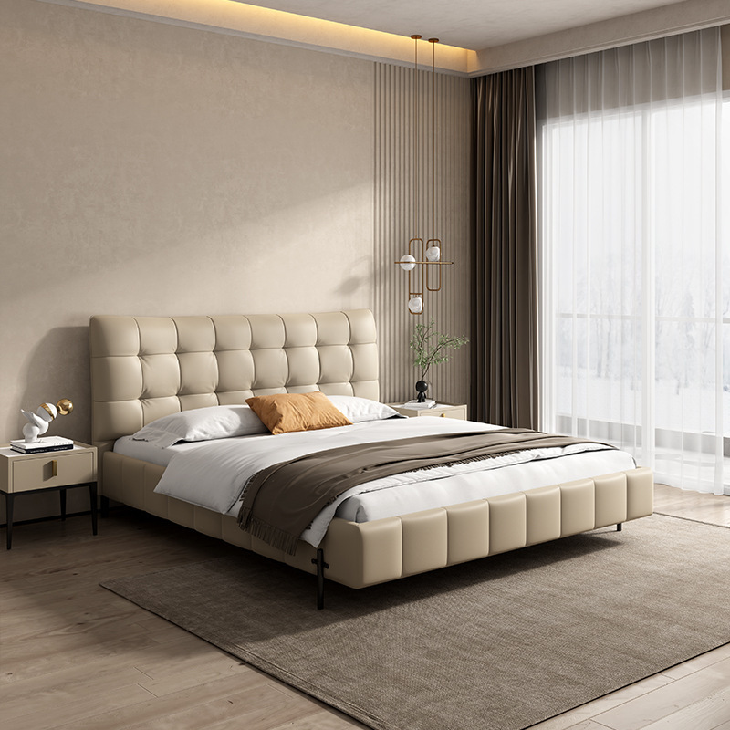 Cama de cuero genuino lujo moderno minimalista dormitorio principal cama doble 1,8 m cama de boda de gama alta cama de cuero muebles de fábrica ventas directas