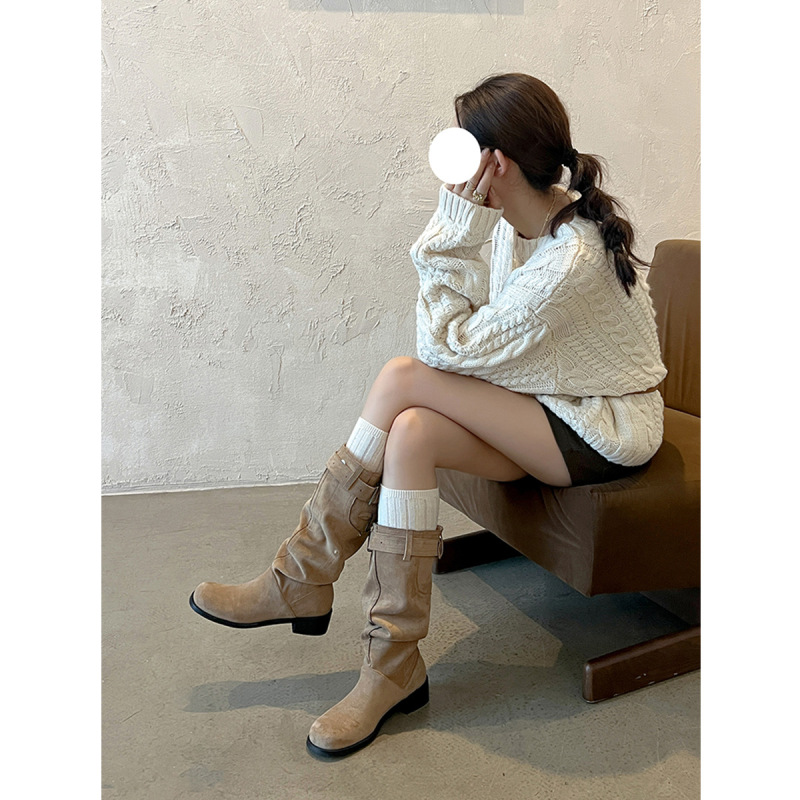 美拉德褶皱堆堆靴女粗跟显瘦百搭时装靴不过膝长靴女西部骑士靴子|undefined