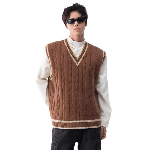 Preppy Style V-Neck Knitted Vest for Men—Autumn/Winter American Vintage Loose Sleeveless Sweater Vest, Pullover Waistcoat, and Jacket