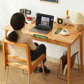 7YN墨点实木日式书桌原木风书房学习桌小户型家用办公桌带抽屉电