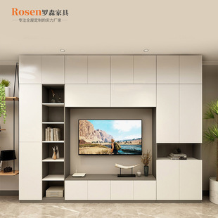 Solid Wood Tv Cabinet Full-Wall Integrated Combination Cabinet Light Luxury Tv Background Wall Cabinet for Home Living Room Small Apartment Wall Cabinet