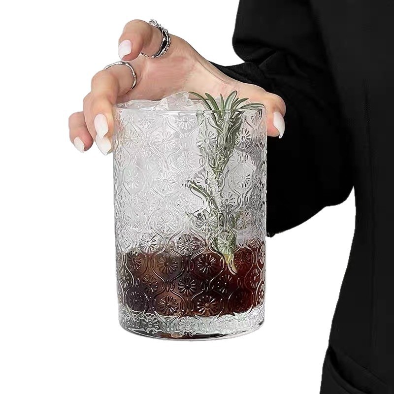 Tazas de vidrio en relieve retro de gran capacidad Begonia Taza de agua Taza de bebida Taza de café con latte de hielo Taza de jugo