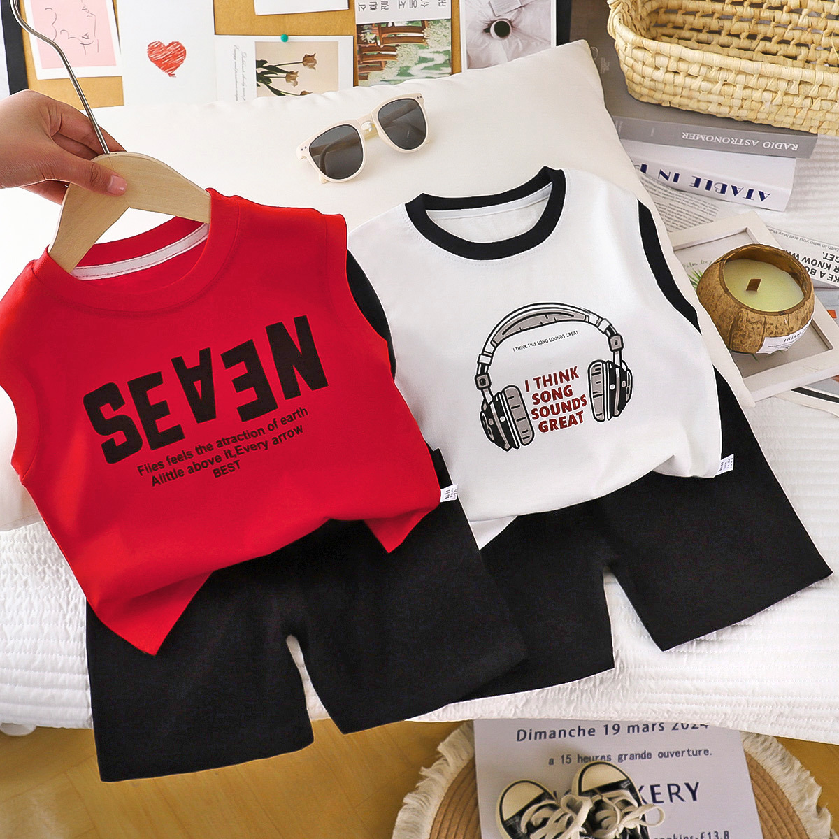 Traje de chaleco para niños puro algodón verano nuevo estilo niño coreano hombro ancho bebé camiseta sin mangas pantalones cortos ropa para niños al por mayor