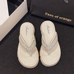 水鑽拖鞋女外穿兩穿一體涼鞋女成人高跟拖鞋鑽石寬腳軟底超軟增高