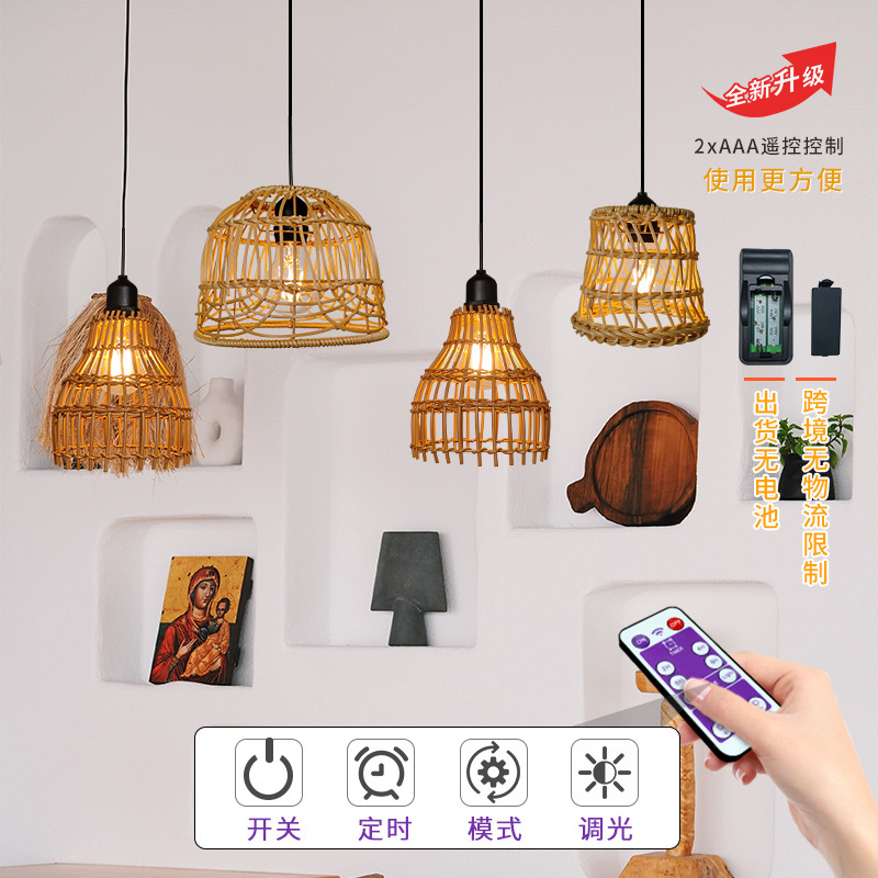 Cross-border new rattan battery box chandelier solar outdoor waterproof camping living room dining room bedroom LED light