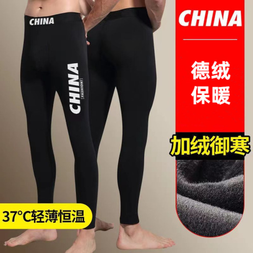Men's Fleece Autumn Winter Padded Leggings Slim Warm Thigh-high Cotton Pants for Large Size Wholesale