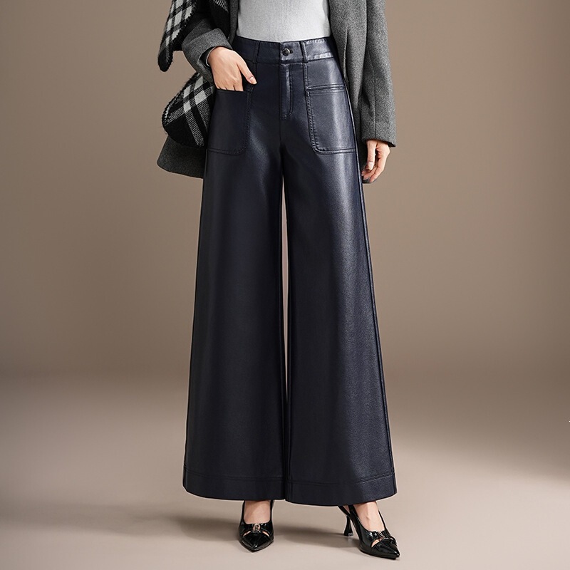 Simple Wide-Leg Leather Pants for Women, 2026 Autumn and Winter New Style, High-Waisted, Loose Fit, Slimming Straight-Leg Casual Pants Simple Wide-Leg Leather Pants for Women, 2026 Autumn and Winter New Style, High-Waisted, Loose Fit, Slimming Straight-Leg Casual Pants
