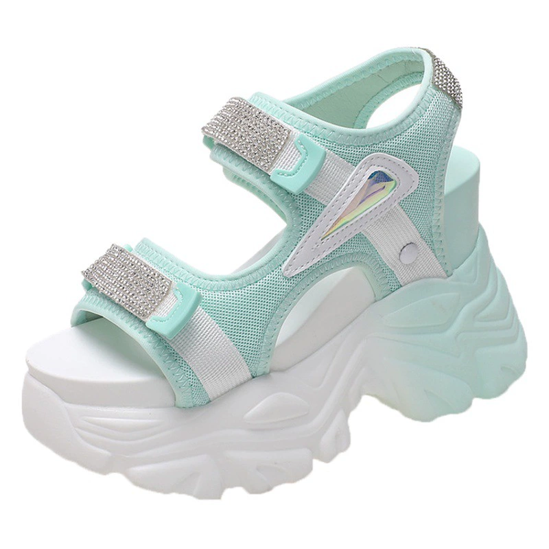 Летние сандалии на танкетке, женские сандалии на толстой подошве с круглым носком и украшением из страз на липучке, модные сандалии в спортивном стиле, повседневные