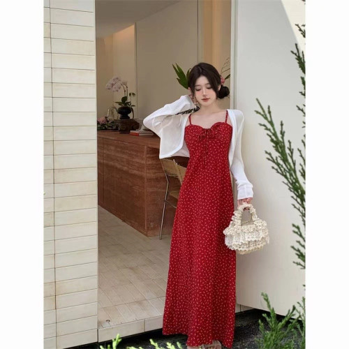 Summer Korean Pure Desire Red Floral Tank Top Dress French Vacation Slimming Elegant Long Dress for Women