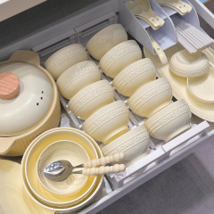 新しいミルク黄レリーフ食器セット家庭用高颜値クリーム風食器セットセット