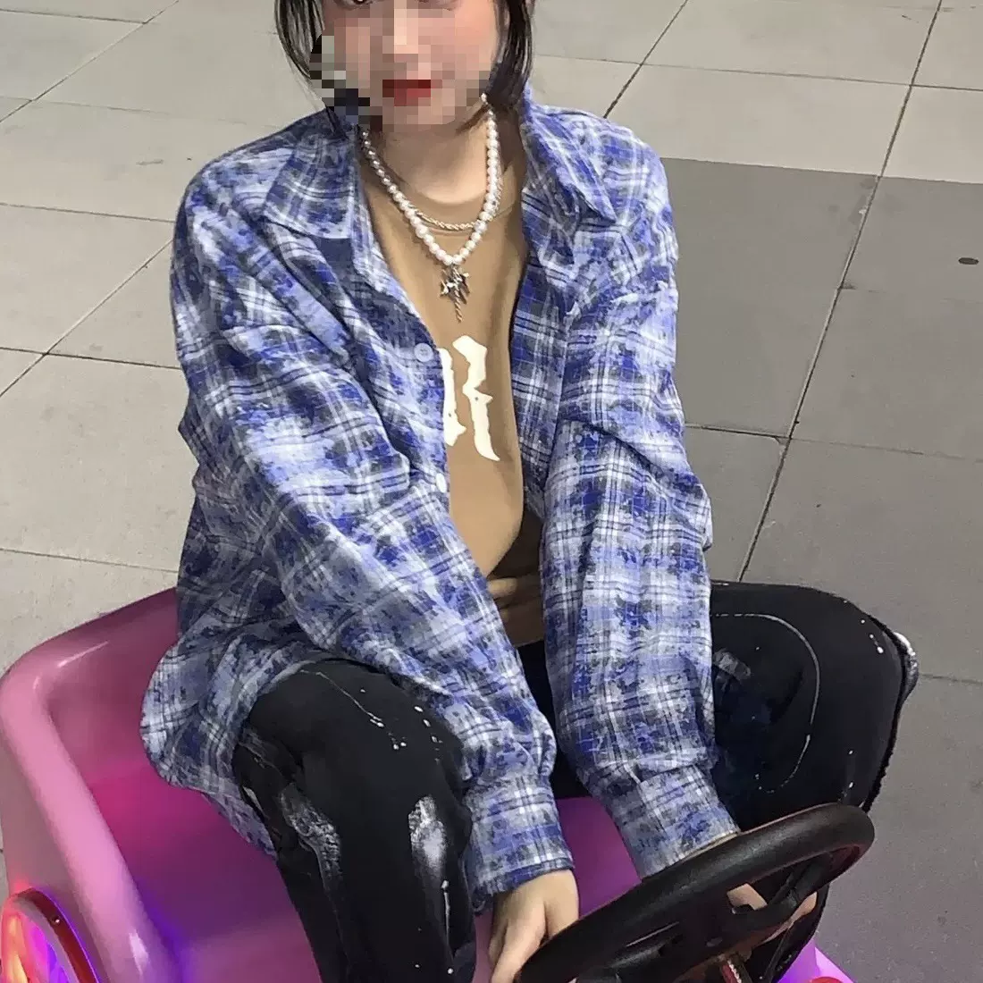 扎染格纹POLO领衬衫女春秋季美式长袖慵懒风情侣休闲衬衣上衣外套