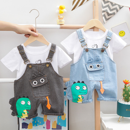 Foreign trade children's clothing wholesale children's short-sleeved suit boys cartoon pocket dinosaur T-shirt short-sleeved denim overalls