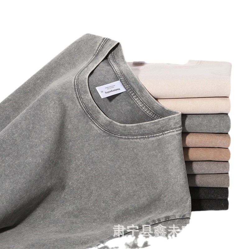 220g lavado y desgastado camiseta de cuello redondo para hombres y mujeres suelto americano retro salvaje de manga corta batik camisa de hombro caído