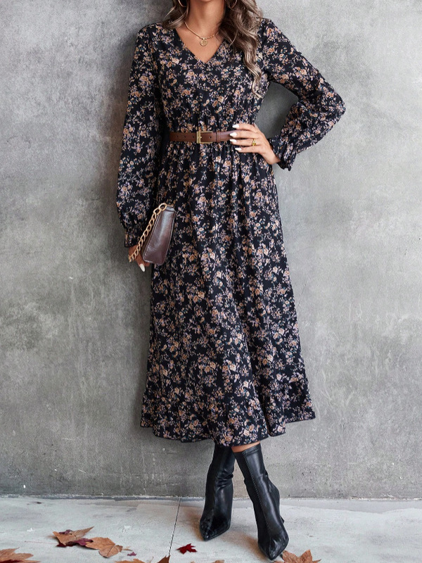 Floral Collar Maxi Dress with Printed Hem, European and American Style, Long Sleeves, V-Neck, Ruffled 2025 Bohemian Style