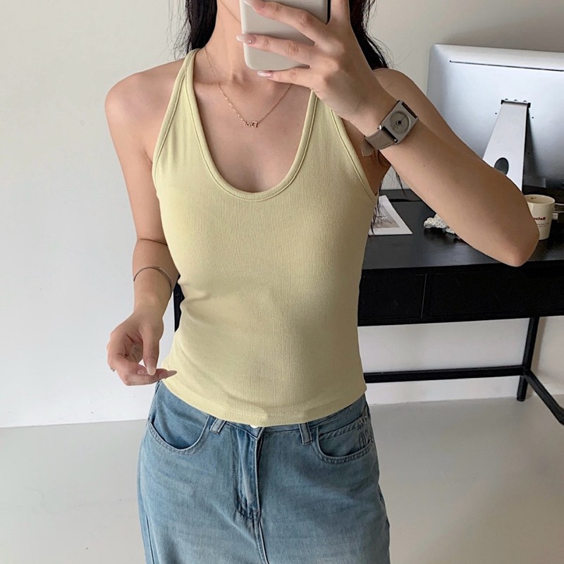 暖小艾588法式挂脖新款辣妹背心女带胸垫纯欲撞色显瘦外穿内搭|undefined