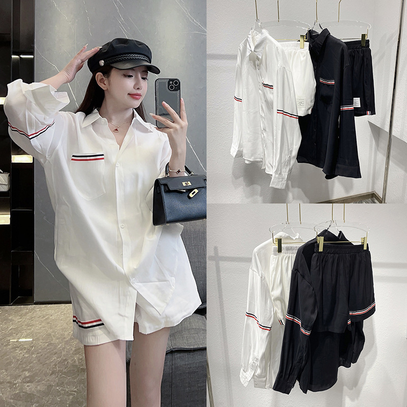 TB College Style Ribbon Shirt Sun-protective Clothing Coat Women's Stomp Waist Shorts Two-piece Suit 2024 Summer New
