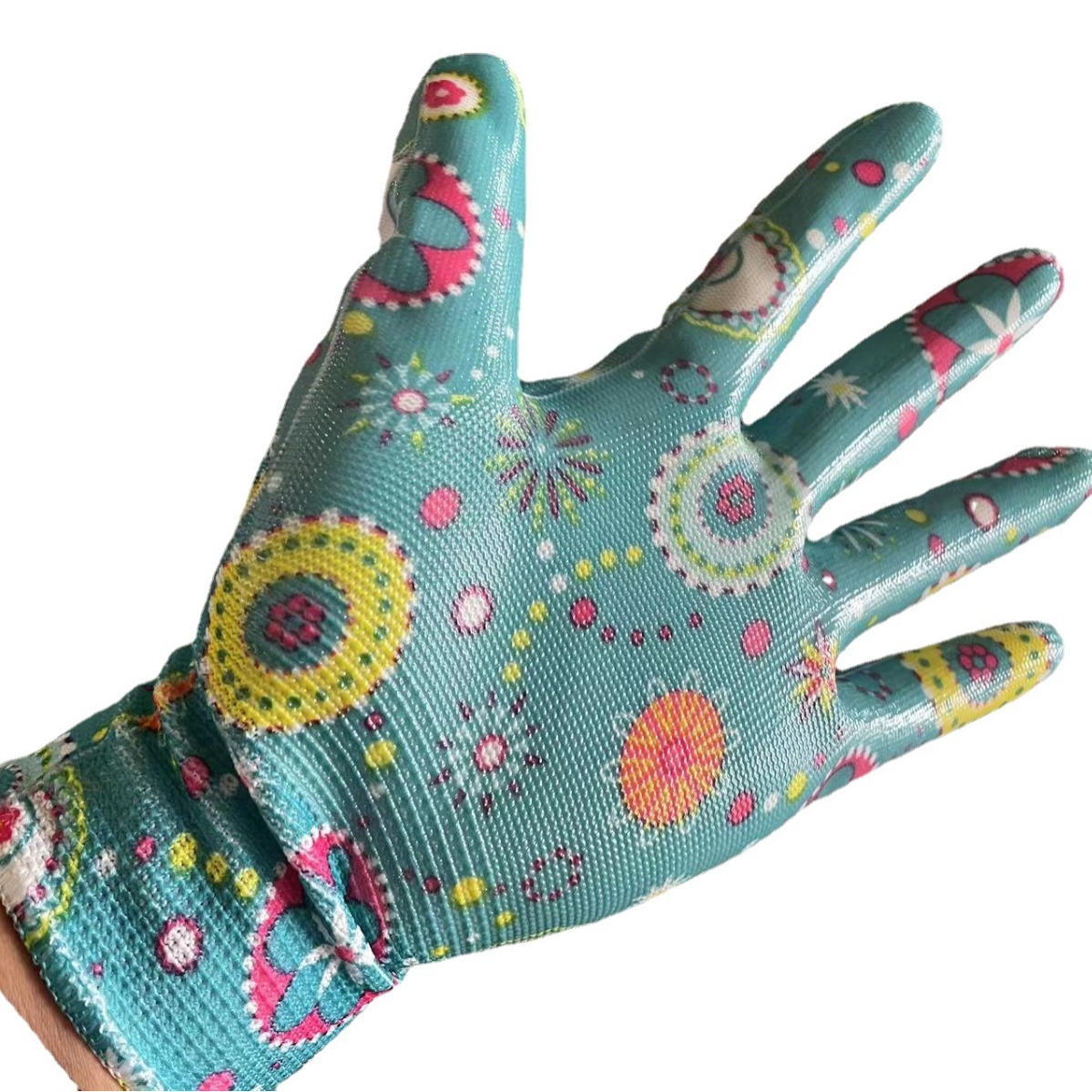 Guantes de jardín de nitrilo, 13 agujas, diseño para exportación a Rusia, fabricación Qingdao.