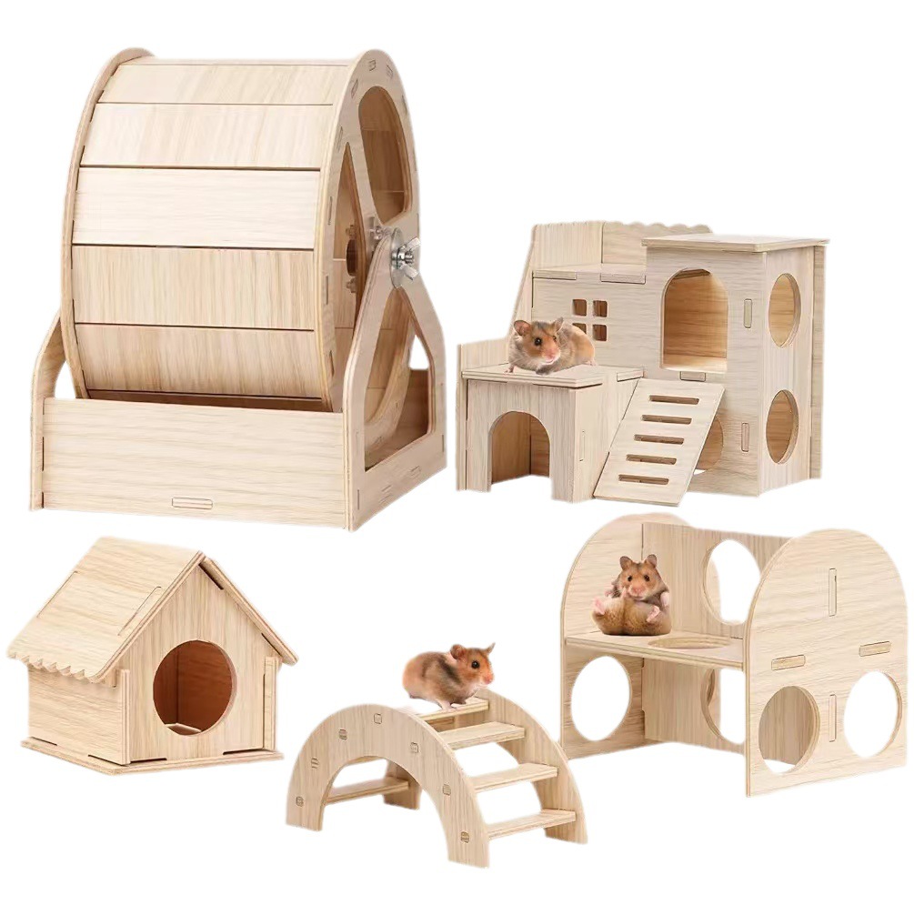 Parque de juegos de hámster de madera, combinación de nido de juguete, escalera de madera pequeña para mascotas, jaula de hámster, villa de escalera de doble capa