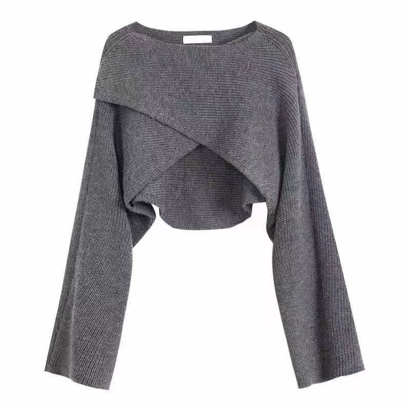 Cruz suéter más tamaño ropa de mujer grasa irregular corto suéter de punto otoño diseño sentido nicho ombligo Cruz larga image 3