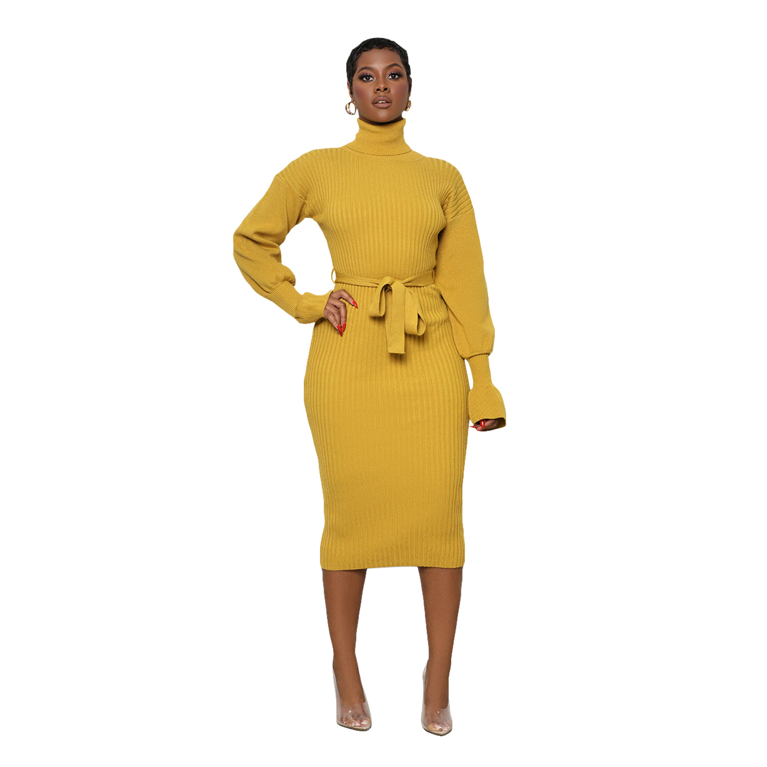 Women's Clothing solid color high collar knitted strap dress_voghion.com