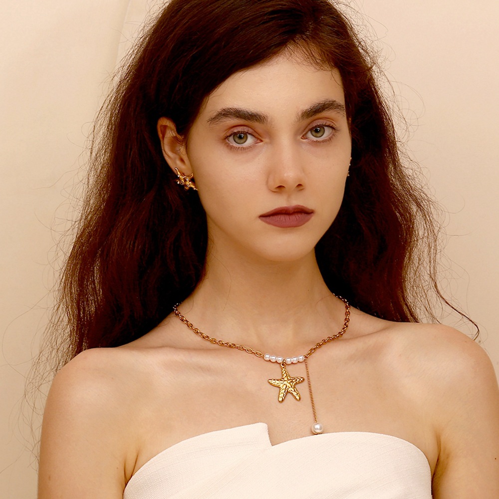 Starfish Imitation Pearl Fringe Stainless Steel Pendant Necklace