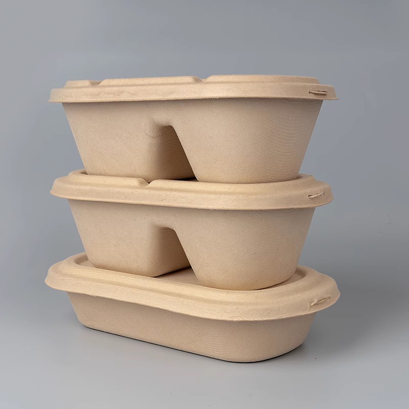 使い捨て弁当箱、軽食ファーストフード、テイクアウト、紙パルプ包装箱、蓋付きコンパートメント、長方形、環境に優しく分解可能|undefined