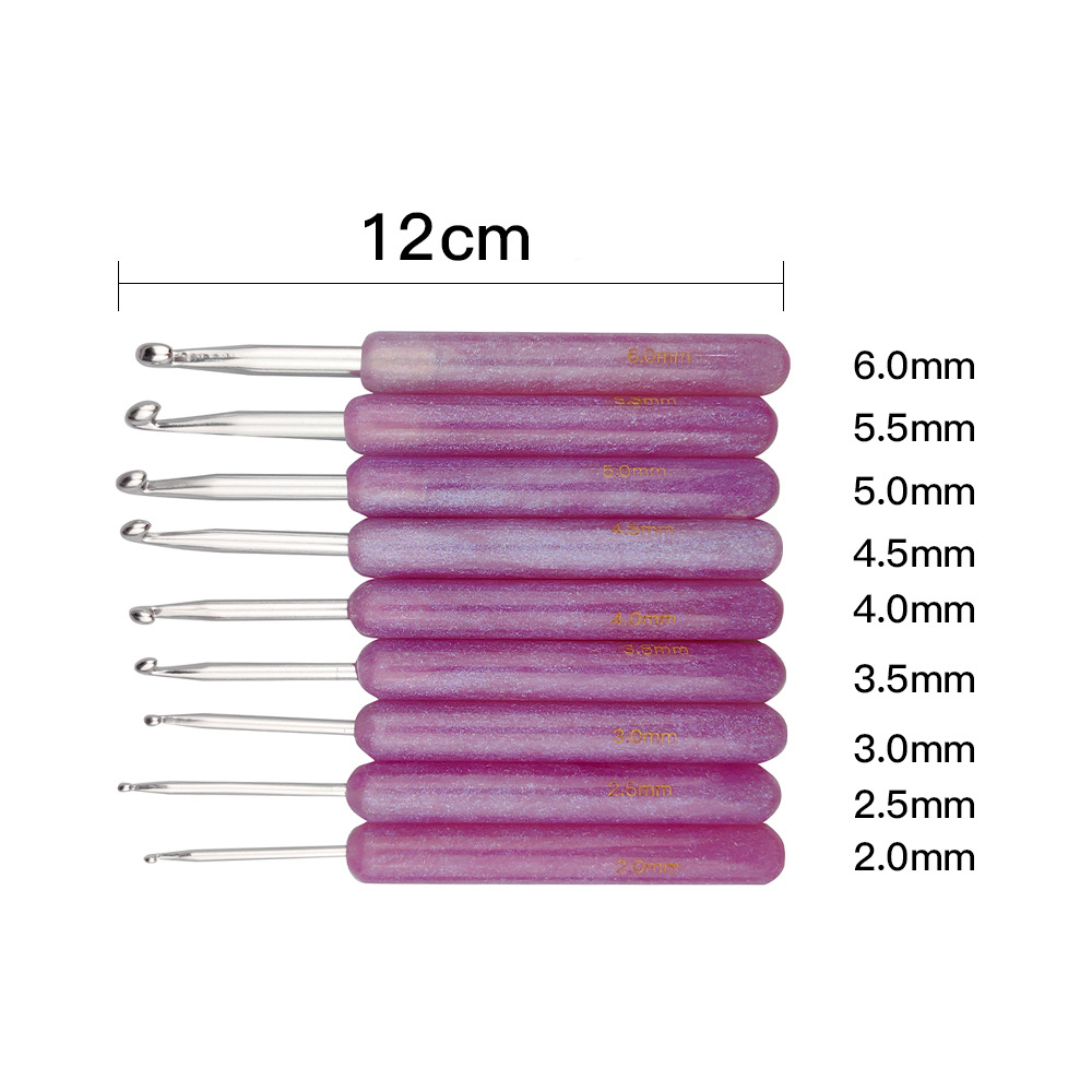 Herramientas de tejer mango de resina de aluminio crochet polvo transparente conjunto de 9 2.0-6.0 mmvc embalaje