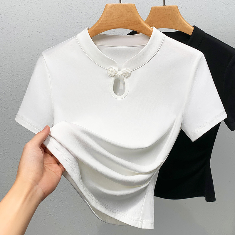 Camiseta negra de mangas cortas para mujeres 2025 nuevo diseño de moda de mujer china sensación de camiseta de algodón de estilo nacional cheongsam cuello de cintura superior