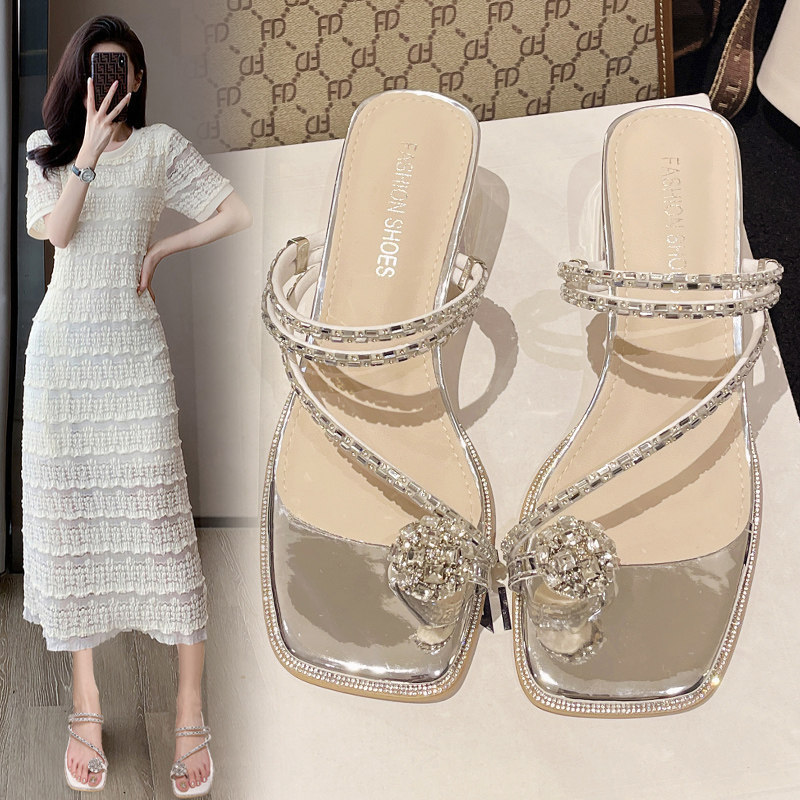 2026 Summer New Style Rhinestone Slip-On Dual-Wear Sandals, Pigeon Egg French Style High Heels to Match with Skirts, Outdoor Slippers