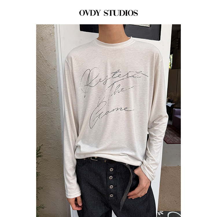 # Ovdy Minimalist Quiet Luxury Old Money Style Anti-Wrinkle Blended Breathable Loose Printed Slightly Dropped Shoulder Long Sleeve T-Shirt Base Shirt