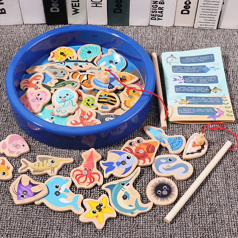 Barril de madera magnético juguetes de Pesca Marina educación temprana para niños divertido cognitivo educativo niños y niñas juegos entre padres e hijos